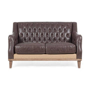 Loft stílusú, sötétbarna bőrrel kárpitozott kőrisfa kanapé.