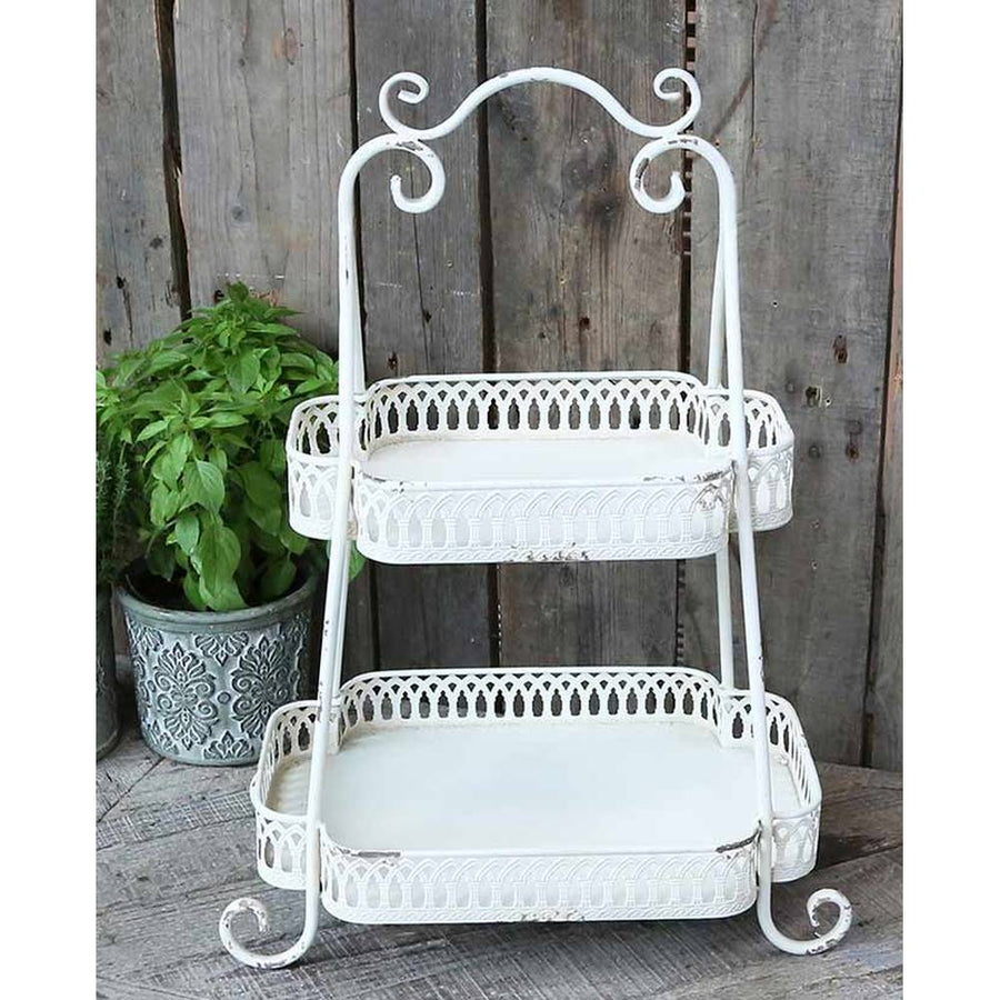 Shabby Chic stílusú, fémcsipkével díszített 2 szintes kínáló állvány.