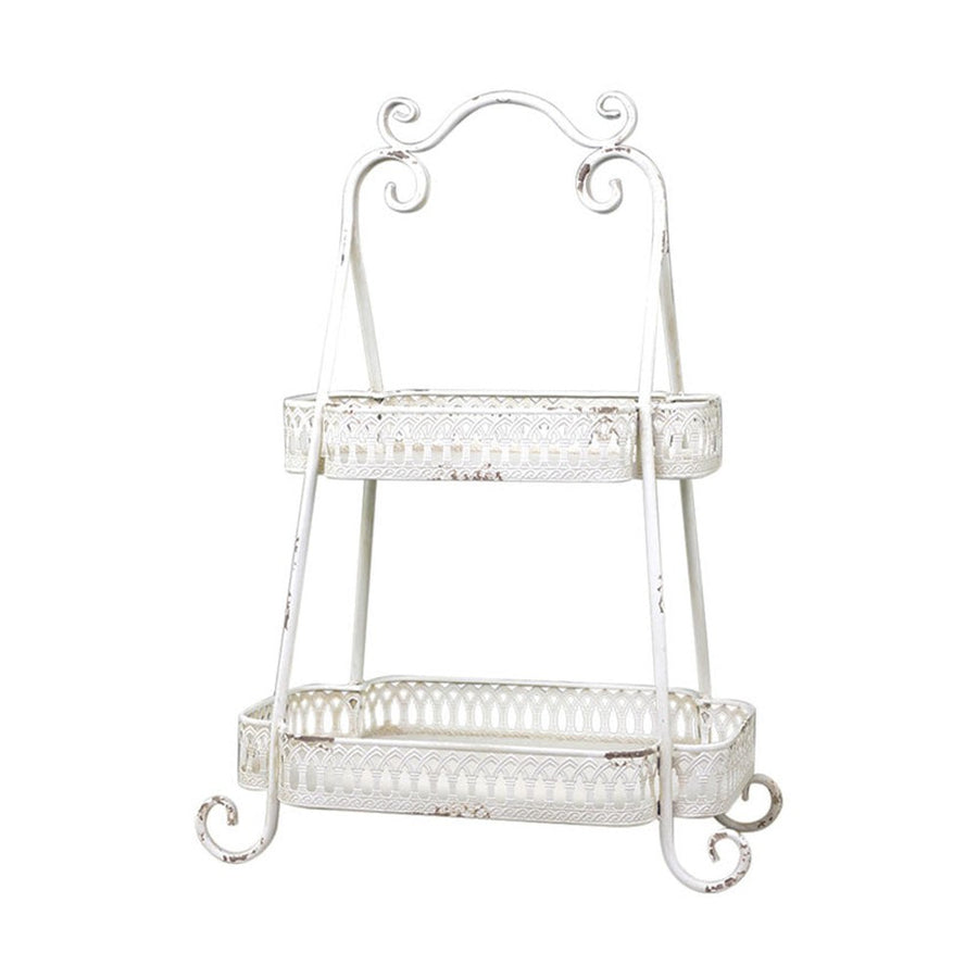 Shabby Chic stílusú, fémcsipkével díszített 2 szintes kínáló állvány.