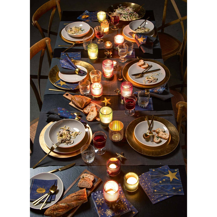 Art Deco stílusú, arany színű csillaggal díszített, extra minőségű, természetes úton fehérített, három rétegű, kék színű karácsonyi papírszalvéta