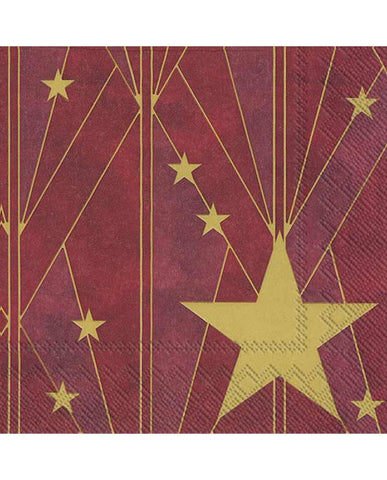 Art Deco stílusú, arany színű csillaggal díszített, extra minőségű, természetes úton fehérített, három rétegű, bordó színű karácsonyi papírszalvéta
