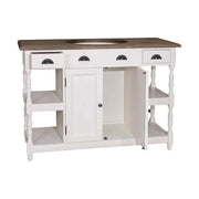 Fenyőfa mosdószekrény klasszicizálió faragással a lábain. A tárolásról négy fiók, négy polc, valamint egy polcos tároló gondoskodik. Színe fehér, és pácolt középbarna.