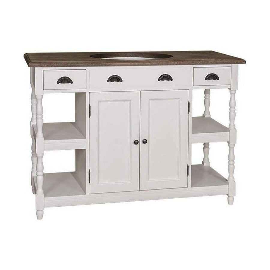 Fenyőfa mosdószekrény klasszicizálió faragással a lábain. A tárolásról négy fiók, négy polc, valamint egy polcos tároló gondoskodik. Színe fehér, és pácolt középbarna.