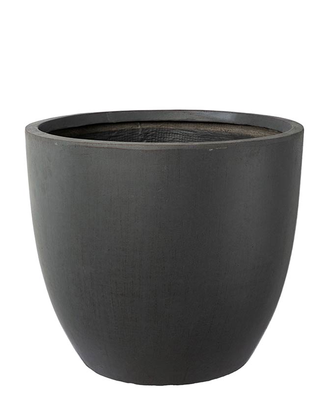 Prémium minőségű, nagyméretű, 25, 35 és 44 cm átmérőjű, fagyálló műgyantából készült, modern kortárs stílusú, beton hatású, antracit fekete színű kültéri kaspószett