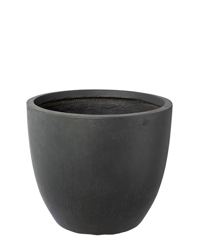 Prémium minőségű, nagyméretű, 25, 35 és 44 cm átmérőjű, fagyálló műgyantából készült, modern kortárs stílusú, beton hatású, antracit fekete színű kültéri kaspószett