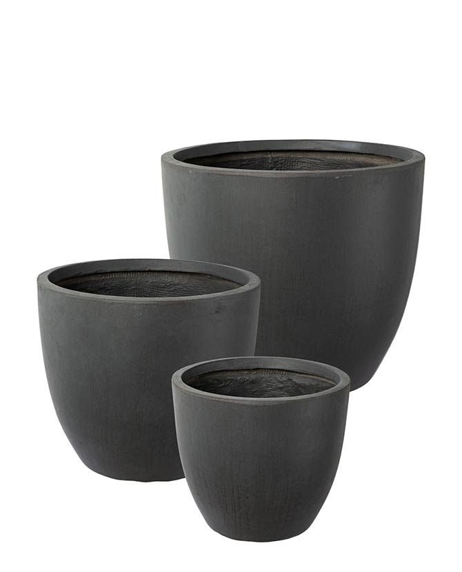Prémium minőségű, nagyméretű, 25, 35 és 44 cm átmérőjű, fagyálló műgyantából készült, modern kortárs stílusú, beton hatású, antracit fekete színű kültéri kaspószett