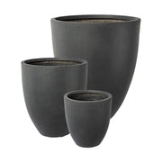 Prémium minőségű, nagyméretű, 34, 42 és 50 cm átmérőjű, fagyálló műgyantából készült, modern kortárs stílusú, beton hatású, antracit fekete színű kültéri kaspószett