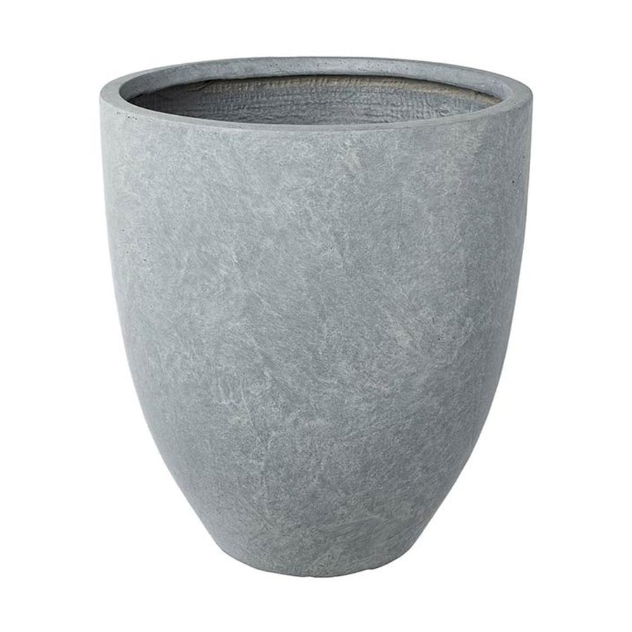 Prémium minőségű, nagyméretű, 34, 42 és 50 cm átmérőjű, fagyálló műgyantából készült, modern kortárs stílusú, beton hatású, szürke színű kültéri kaspószett 