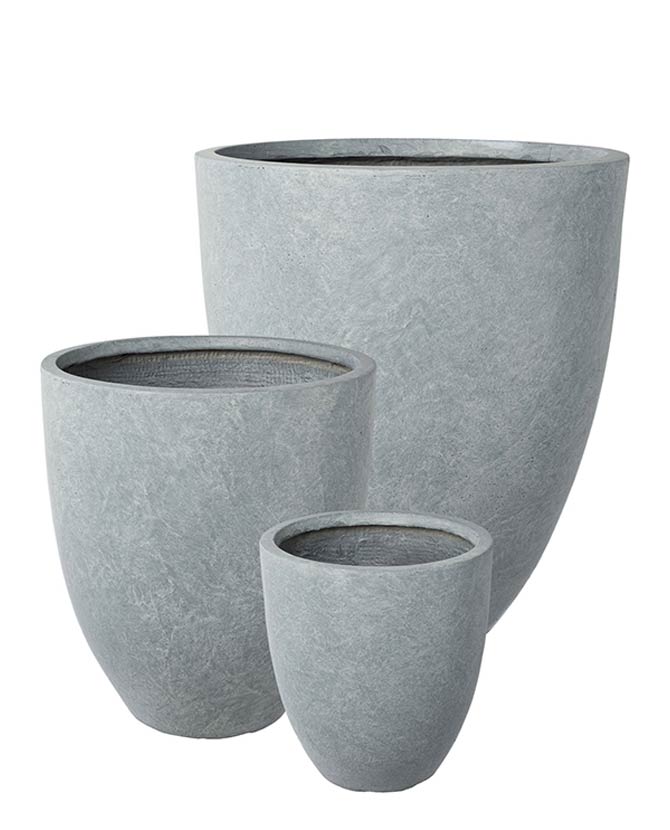 Prémium minőségű, nagyméretű, 34, 42 és 50 cm átmérőjű, fagyálló műgyantából készült, modern kortárs stílusú, beton hatású, szürke színű kültéri kaspószett 