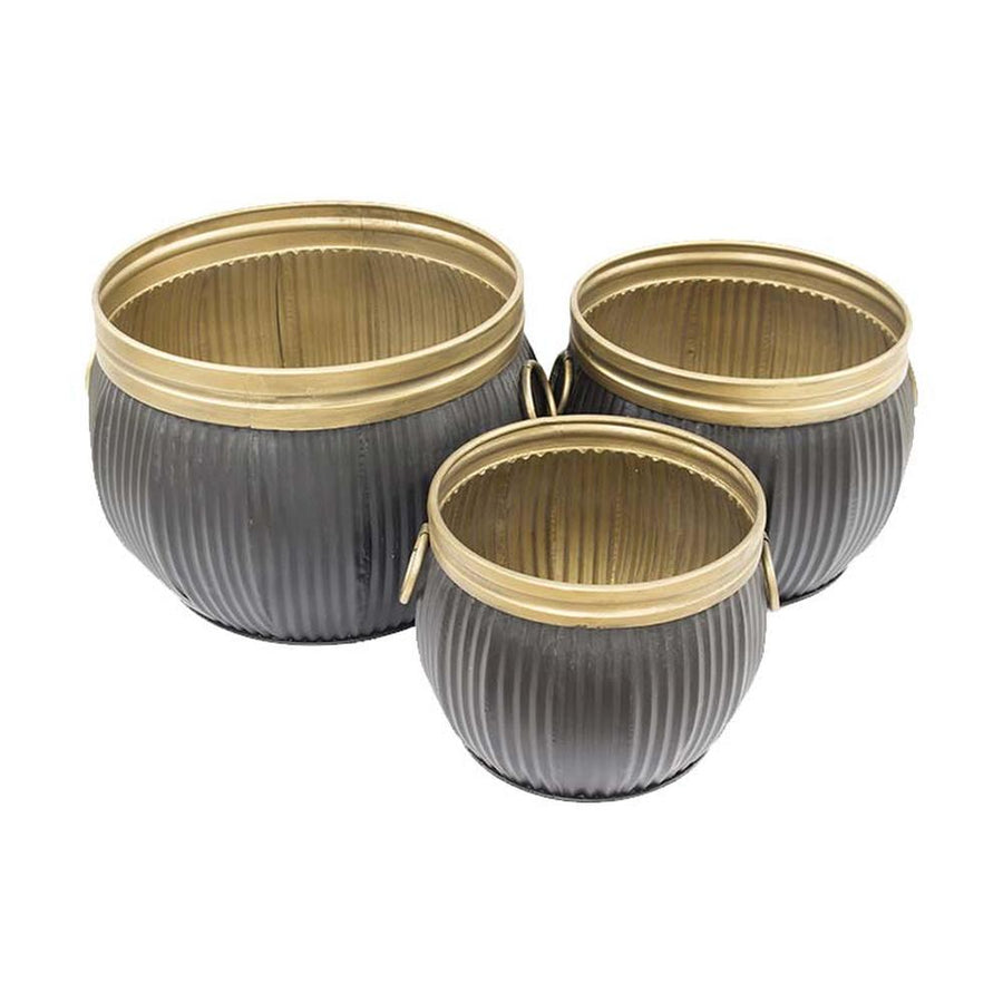 Kortárs, modern stílusú fekete és arany színű óriás méretű, három darabos fém kaspószett