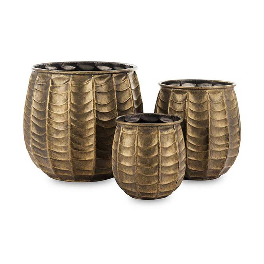 Kortárs, modern stílusú, dombormintás felületű, antik arany színű, nagyméretű három darabos fém kaspószett 