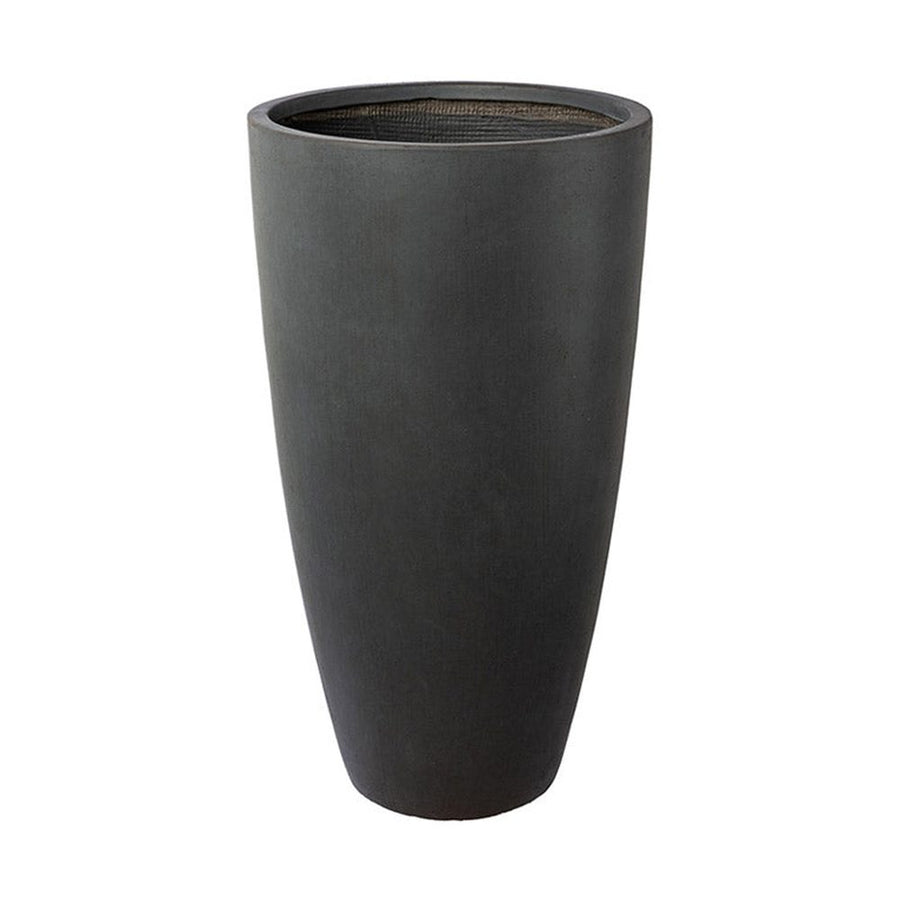 Fagyálló műgyantából készült, modern kortárs stílusú, beton hatású, antracitfekete színű kültéri kaspószett.