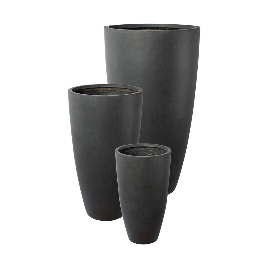 Fagyálló műgyantából készült, modern kortárs stílusú, beton hatású, antracitfekete színű kültéri kaspószett.