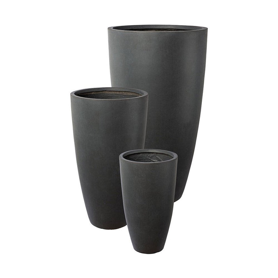 Fagyálló műgyantából készült, modern kortárs stílusú, beton hatású, antracitfekete színű kültéri kaspószett.