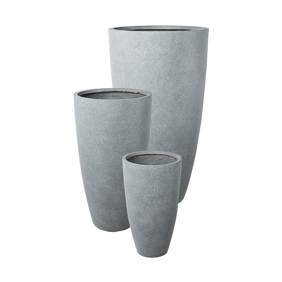 Prémium minőségű, óriás méretű, 60, 80 és 100 cm magas, fagyálló műgyantából készült, modern kortárs stílusú, kő hatású, szürke színű kültéri kaspószett