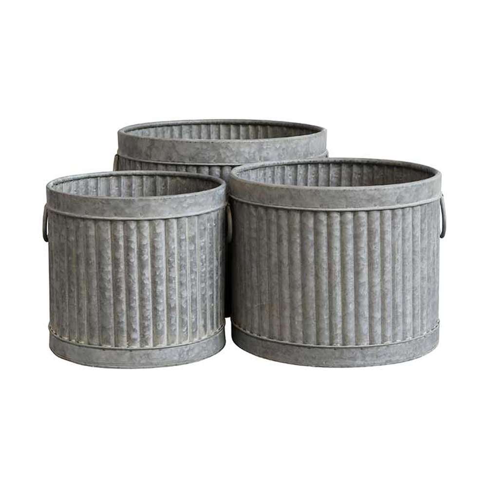 3 darab, vintage stílusú, antik felületű bordázott bádogból készült kaspó szett.