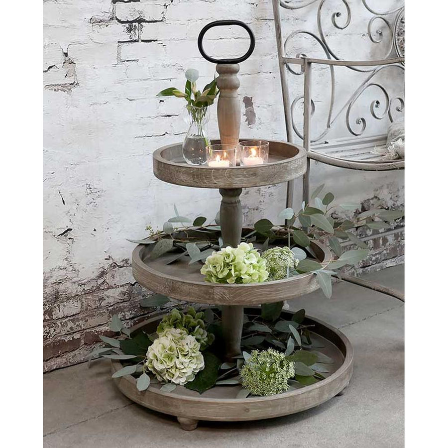 Vintage stílusú, fenyőfából készült nagy méretű 3 emeletes rusztikus kínáló 