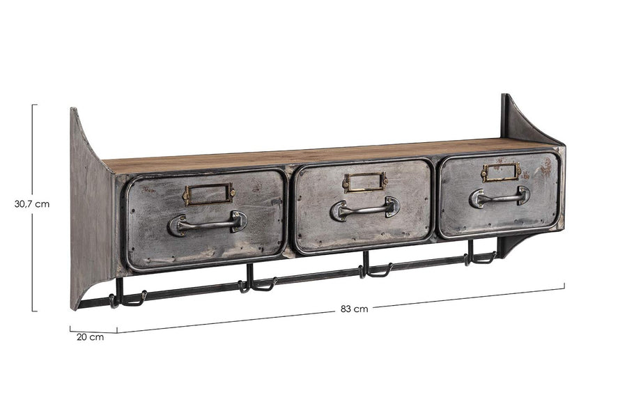 Fémből és fából készült, 83 cm hosszú és 30 cm magas, 3 fiókos, antikolt szürke színű, fogassal ellátott, ipari stílusú szortírozó falipolc méretekkel ellátott képe.