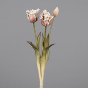 Fáradt barna színvilágú, vintage stílusú, 3 szálból álló tulipán csokor művirág, nyílt és bimbos virágfejekkel.