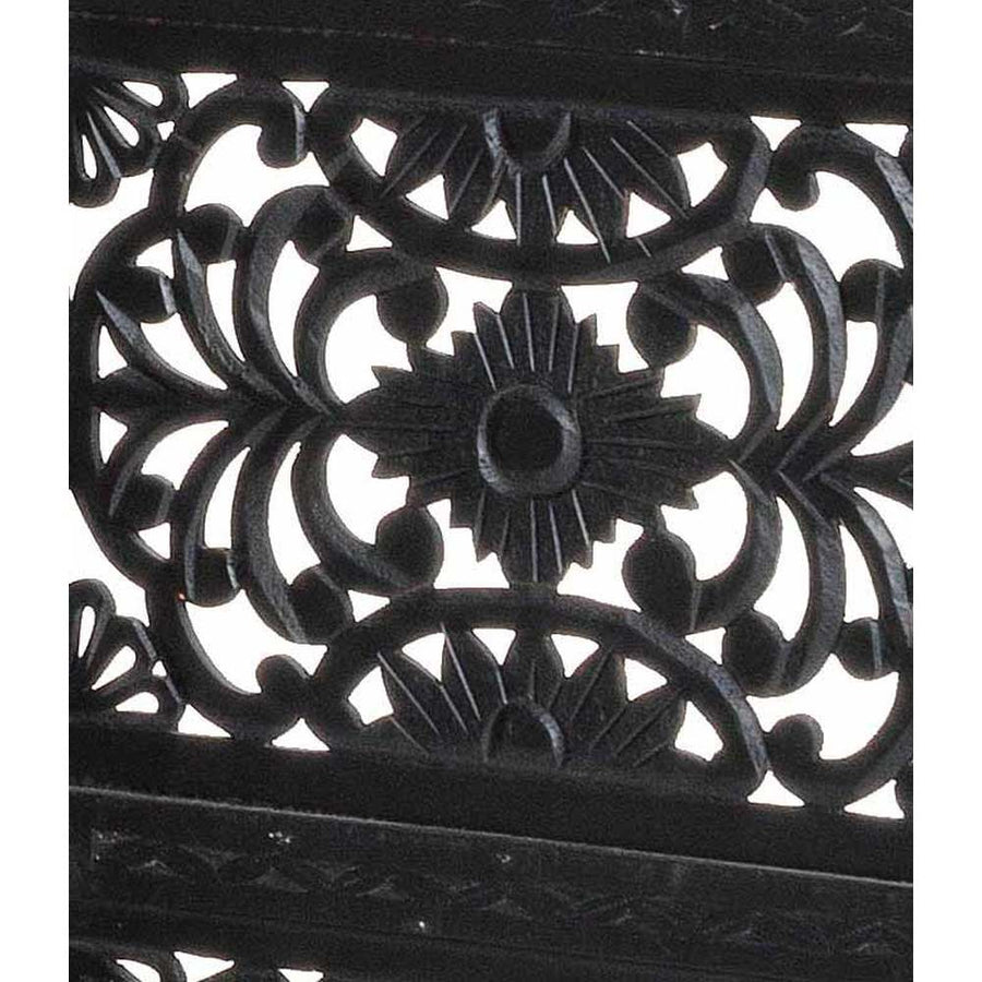 Antik fekete színű, kézműves faragású, mangófából készült, 3 szárnyas térelválasztó paraván.