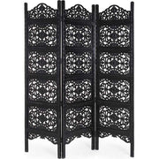 Antik fekete színű, kézműves faragású, mangófából készült, 3 szárnyas térelválasztó paraván.