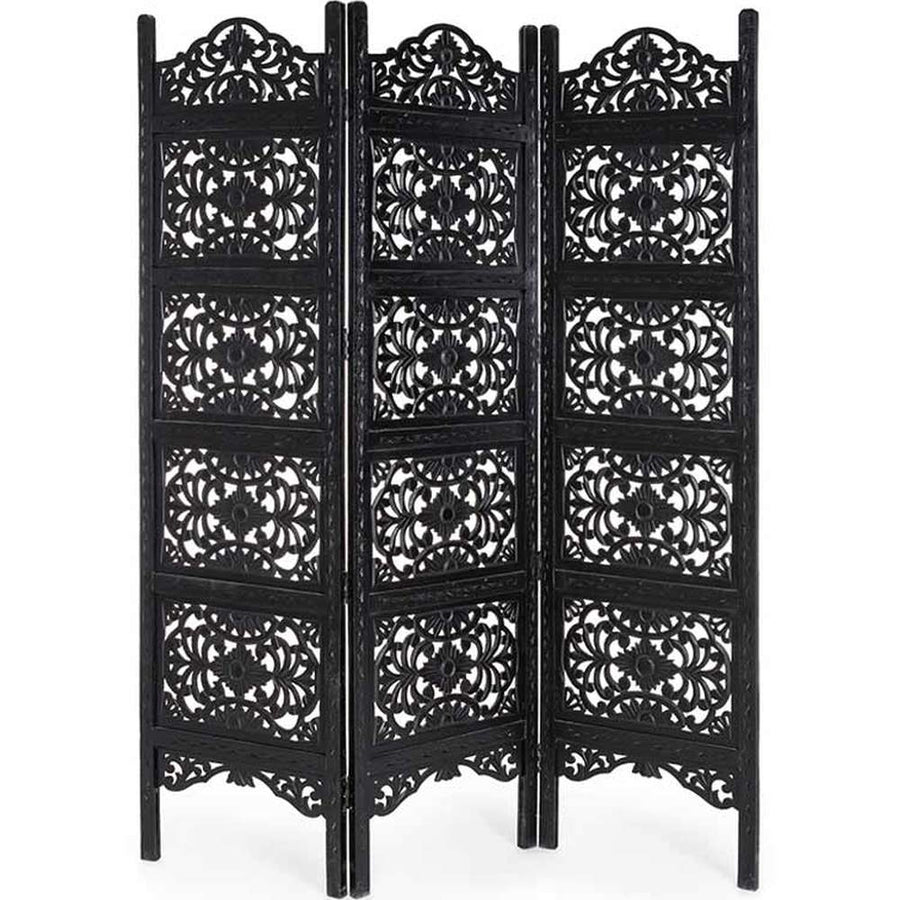 Antik fekete színű, kézműves faragású, mangófából készült, 3 szárnyas térelválasztó paraván.