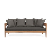 Prémium kategóriás, kortárs keleti stílusú,190 cm hosszú és 90 cm széles 3 személyes teakfa kanapé sötétszürke UV álló párnákkal