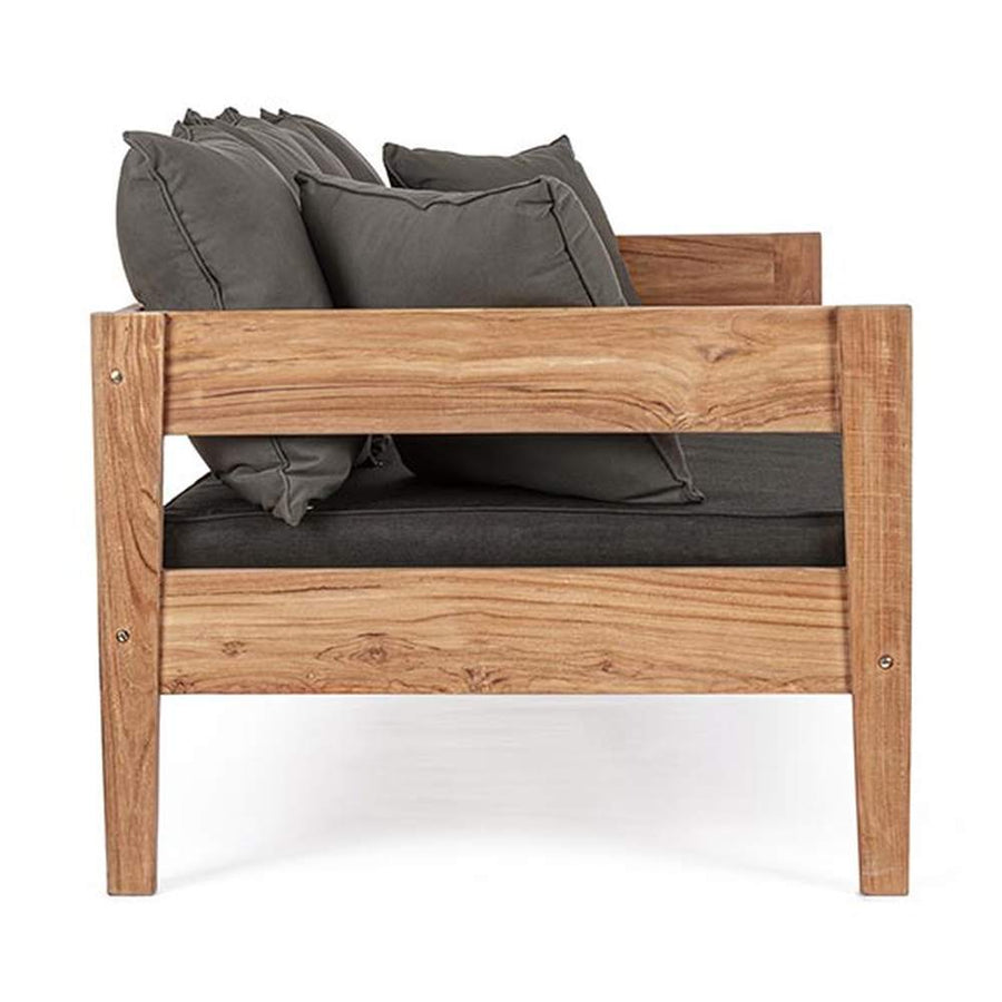 Prémium kategóriás, kortárs keleti stílusú,190 cm hosszú és 90 cm széles 3 személyes teakfa kanapé sötétszürke UV álló párnákkal