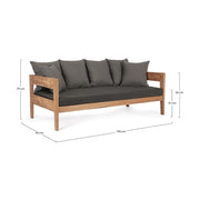 Prémium kategóriás, kortárs keleti stílusú,190 cm hosszú és 90 cm széles 3 személyes teakfa kanapé sötétszürke UV álló párnákkal