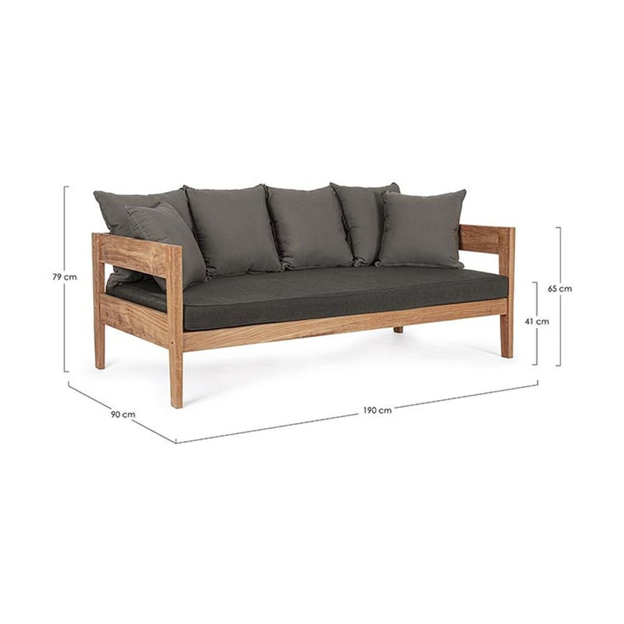 Prémium kategóriás, kortárs keleti stílusú,190 cm hosszú és 90 cm széles 3 személyes teakfa kanapé sötétszürke UV álló párnákkal