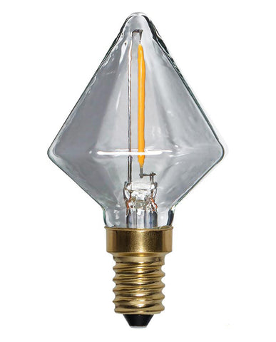 Clear Filament gyémánt alakú dekorációs izzó. Meleg fehér fényű LED dekorációs izzó áttetsző üveggel.