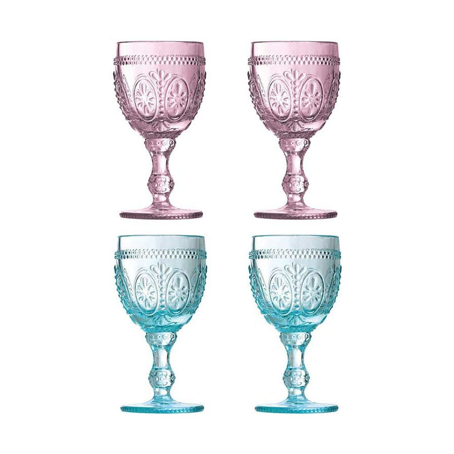 Prémium minőségű, vintage stílusú, 4 darabos, dombormintás, színes üvegű borospohár szett