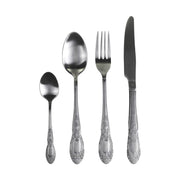 Ezüst színű, vintage stílusú, rozsdamentes acélból készült négydarabos evőeszközkészlet.