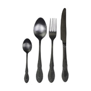 Antikolt szén színű, vintage stílusú, rozsdamentes acélból készült négydarabos evőeszközkészlet.