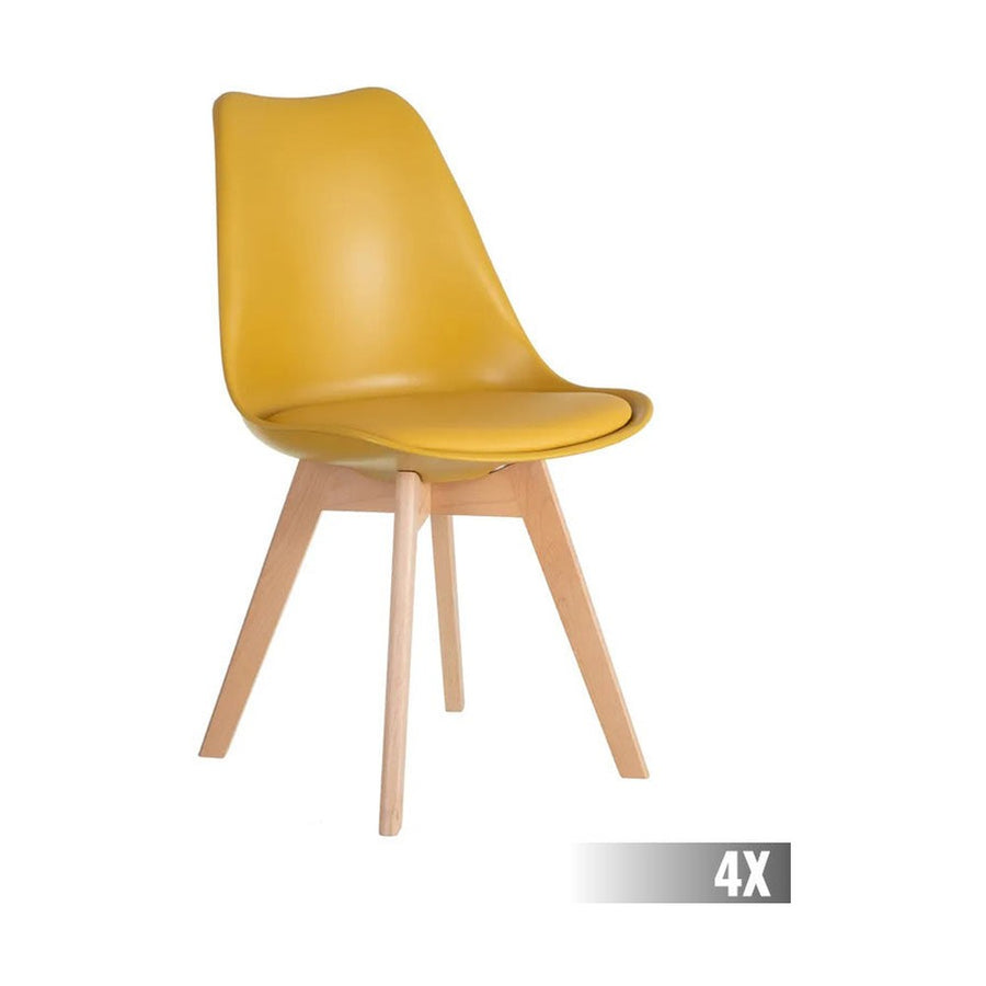 Skandináv stílusú, kagylóhéj formájú, sárga színű műanyag étkezőszék bükkfa lábakkal.