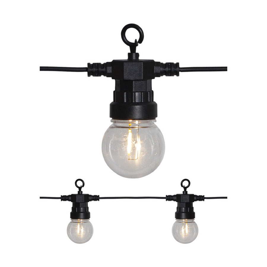 20 izzóból álló LED dekoráció izzósor. Fekete kábellel és áttetsző izzókkal.