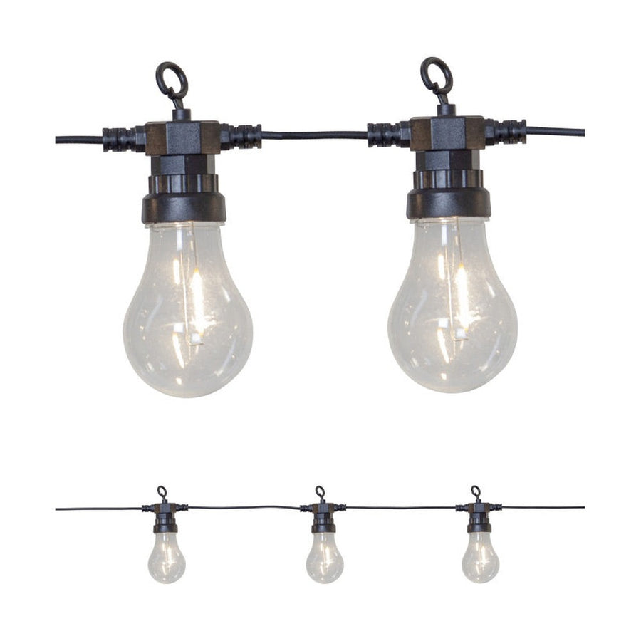 Kültéri LED dekorációs izzósor. 10 darab áttetsző búrás izzóval, fekete kábellel.