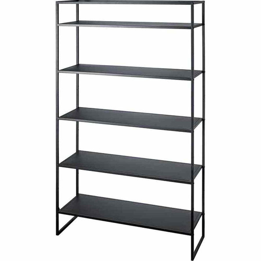 Modern stílusú, 5 darab állítható polccal felszerelt, fekete színű fém állvány.
