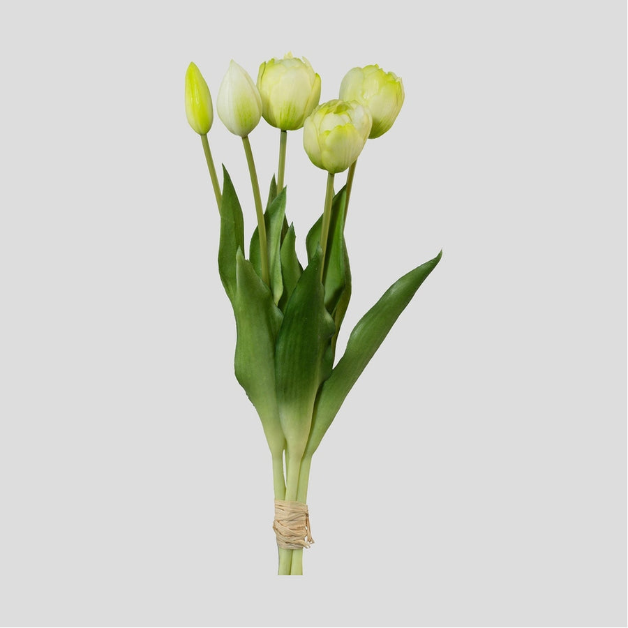 5 szálból álló, fehér színű tulipáncsokor művirág, nyílt és bimbós virágfejekkel.