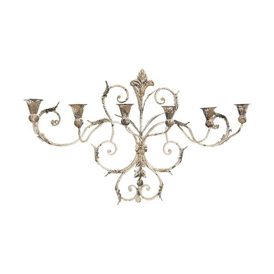 Shabby Chic stílusú, óriás, 82 cm hosszú, 6 ágú, falra szerelhető patinás "Antoinette" gyertyatartó