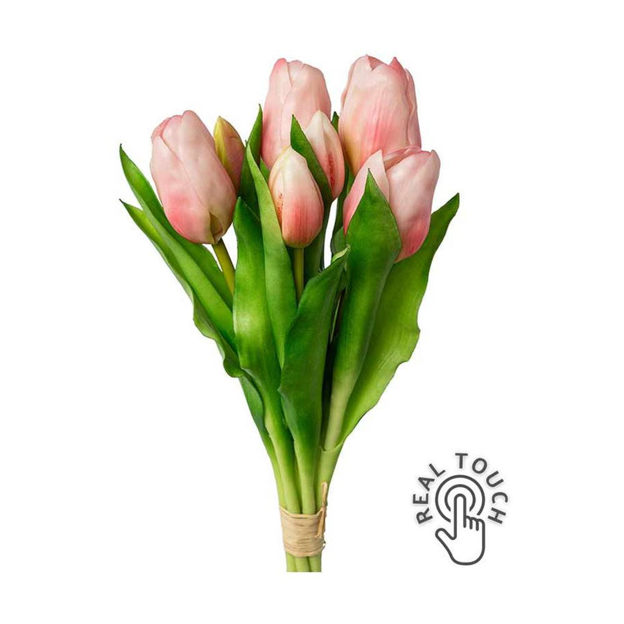 7 szálból álló, rózsaszín színű tulipáncsokor művirág, bimbós virágfejekkel.