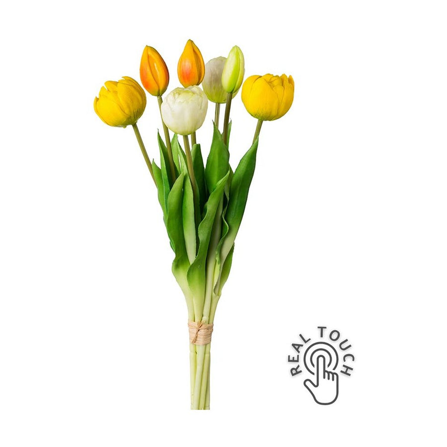 7 szálból álló, vegyes színű tulipáncsokor művirág, nyílt és bimbós virágfejekkel.