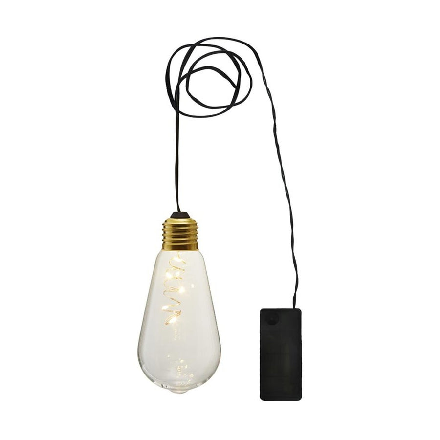 Beltéri, függeszthető, elemmel működő dekorációs LED izzó átlátszó üveggel.