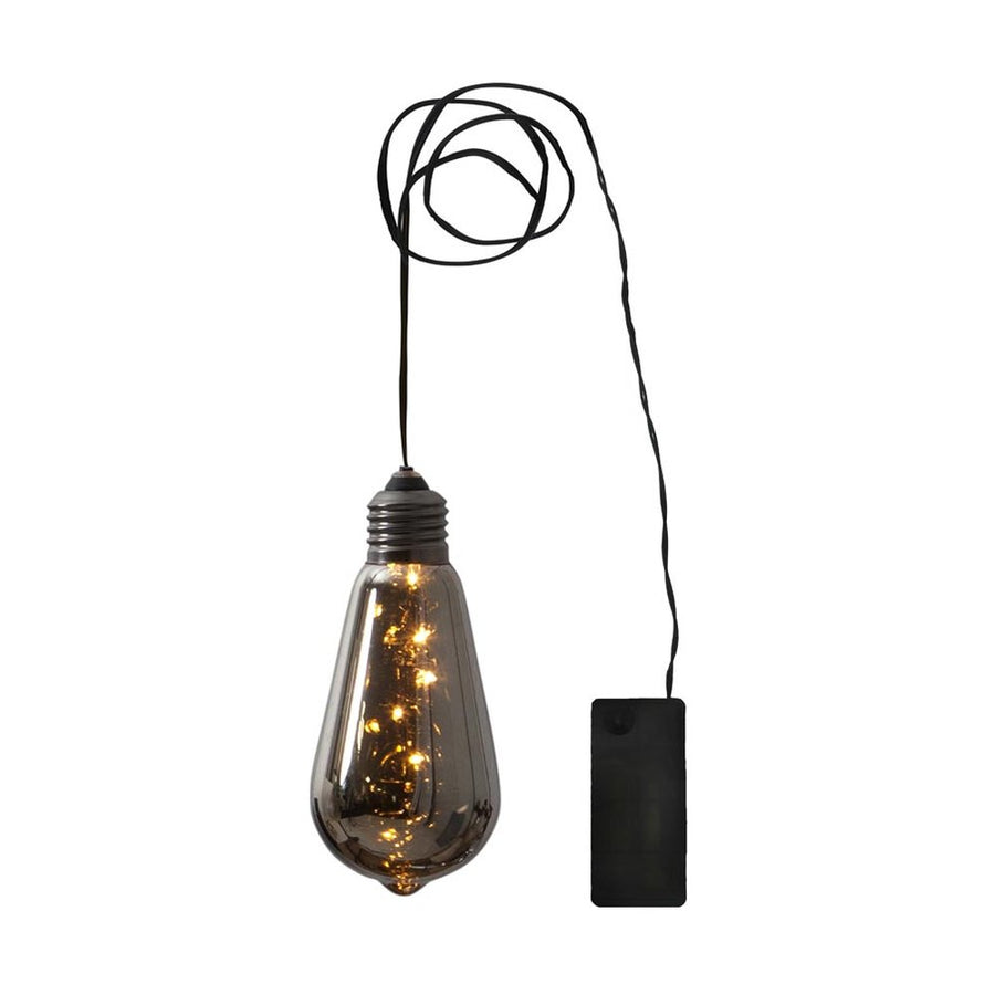 Beltéri, függeszthető, elemmel működő dekorációs LED izzó füst színű üveggel.