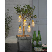 Elemmel működő kültéri dekorációs izzósor 5 db átlátszó üvegű izzóval.