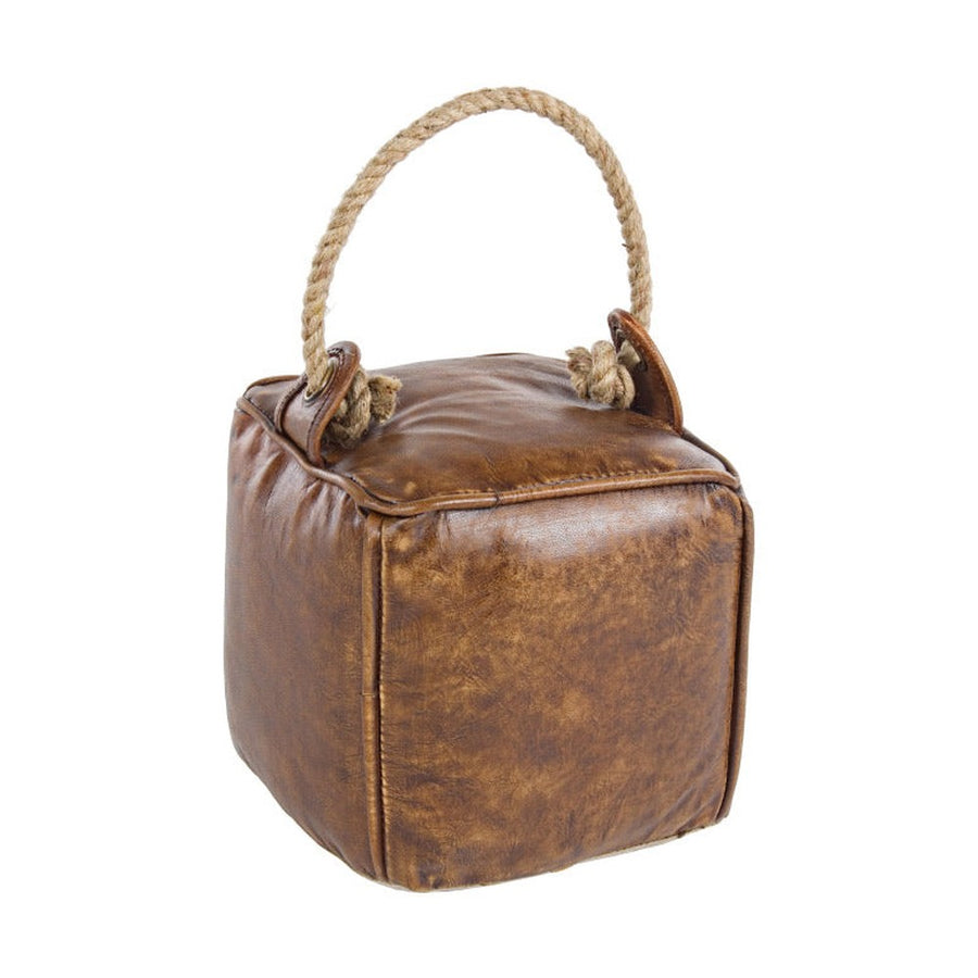 Loft stílusú, kocka alakú, bőrből készült ajtótámasz kötél fogantyúval.