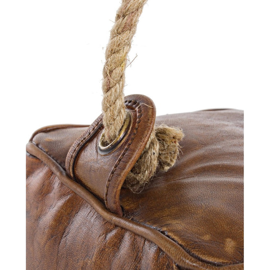 Loft stílusú, kocka alakú, bőrből készült ajtótámasz kötél fogantyúval.