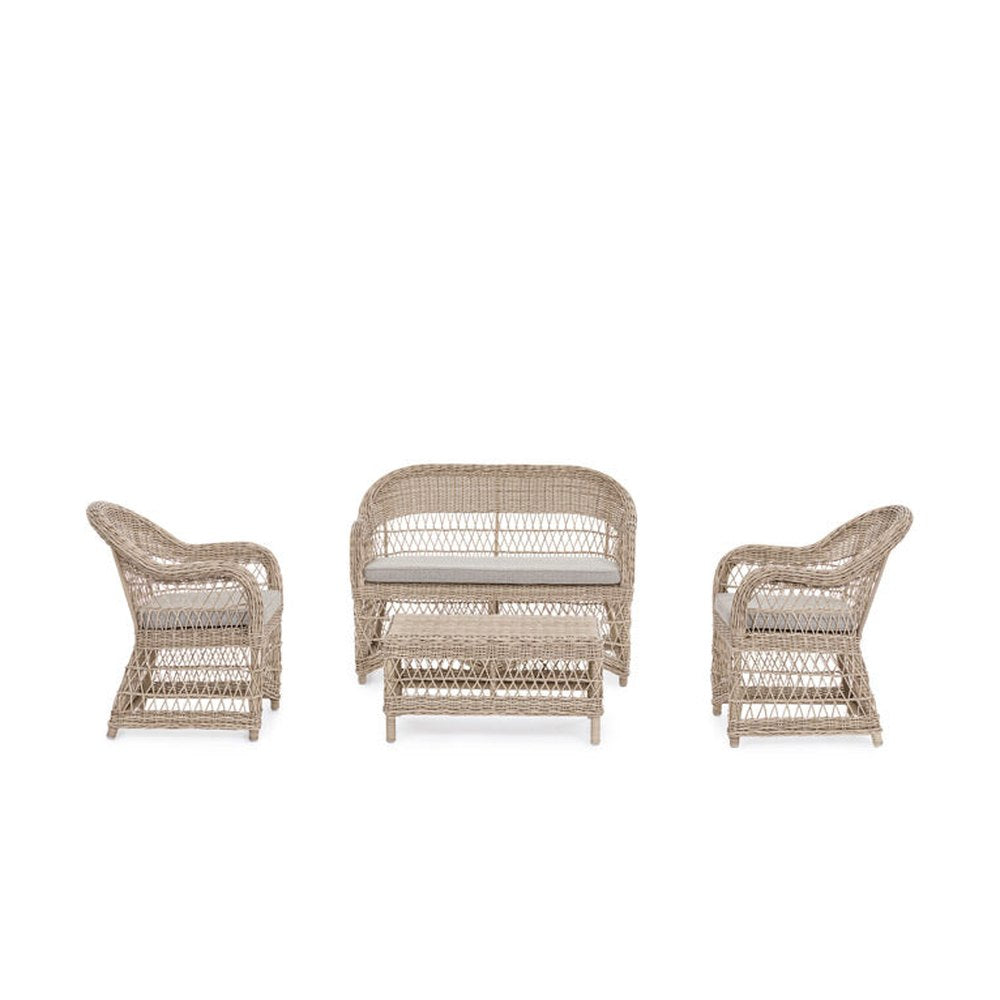 Vidéki vintage stílusú, négyrészes, natúr színű műrattan kerti ülőgarnitúra.