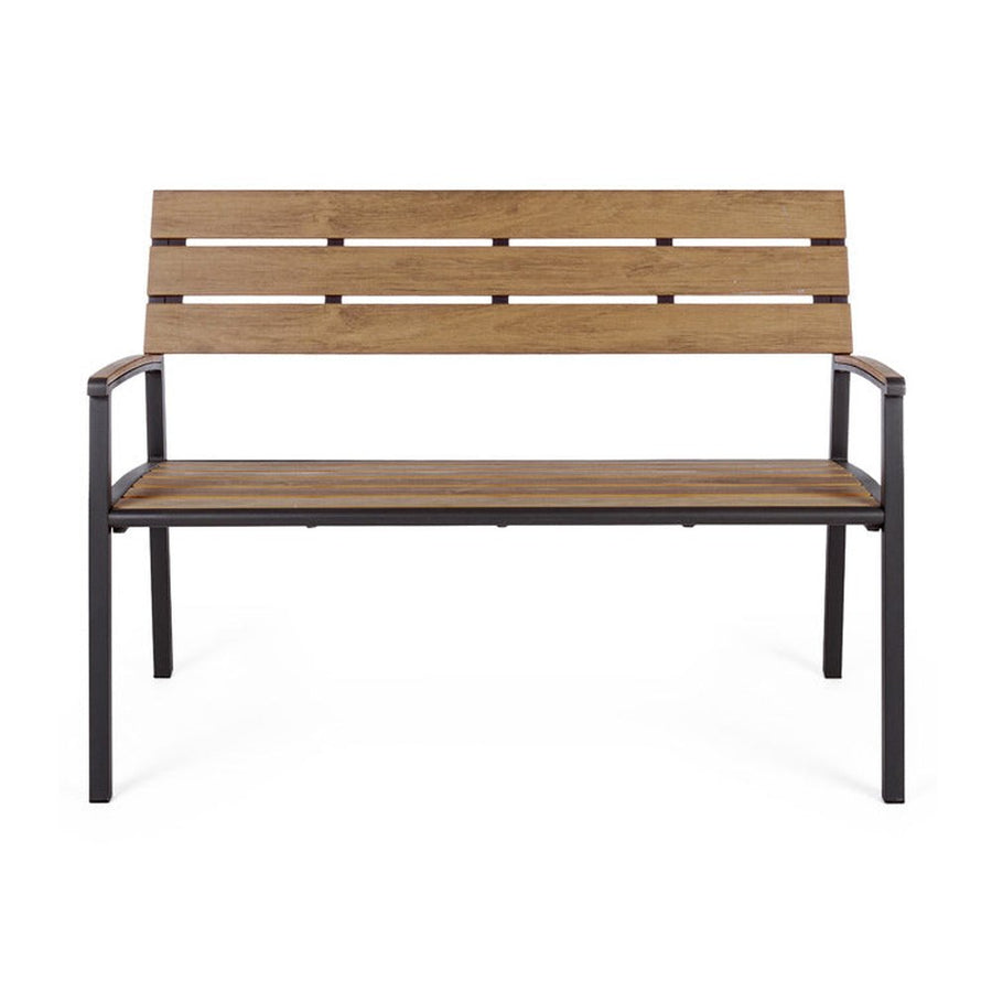 Kétszeméyles fekete fémvázas kerti pad, akácfa színű polifa háttlámlával, karfával és ülőfelülettel.