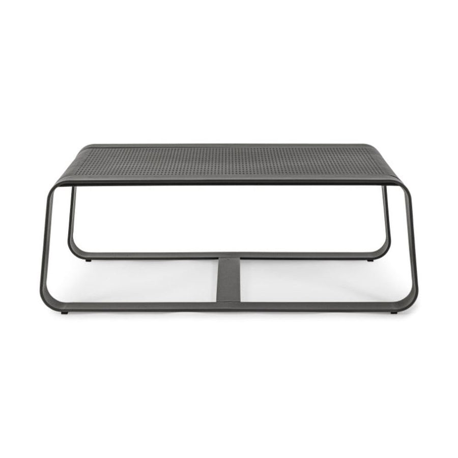 Kortárs stílusú, porfestett alumínium kültéri dohányzóasztal dekoratív lyukasztott lappal.